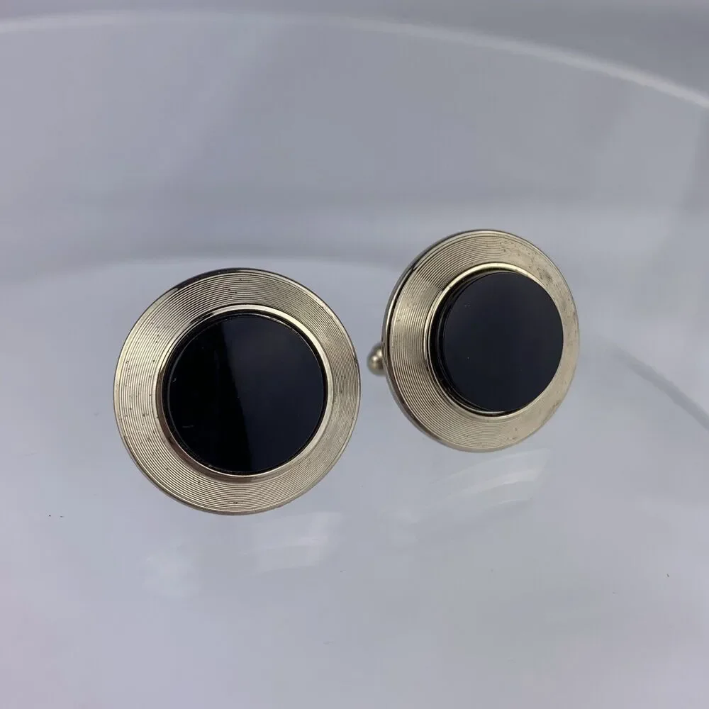 Black Onyx Gold Vermeil Sterling Silver Cufflinks Modern Large Plated Vintage